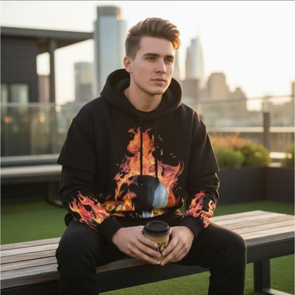 Current Mood Other - Current Mood ✦ Black Orange Flame Hoodie ✦ Detention Fire Skull Pullover S NWT